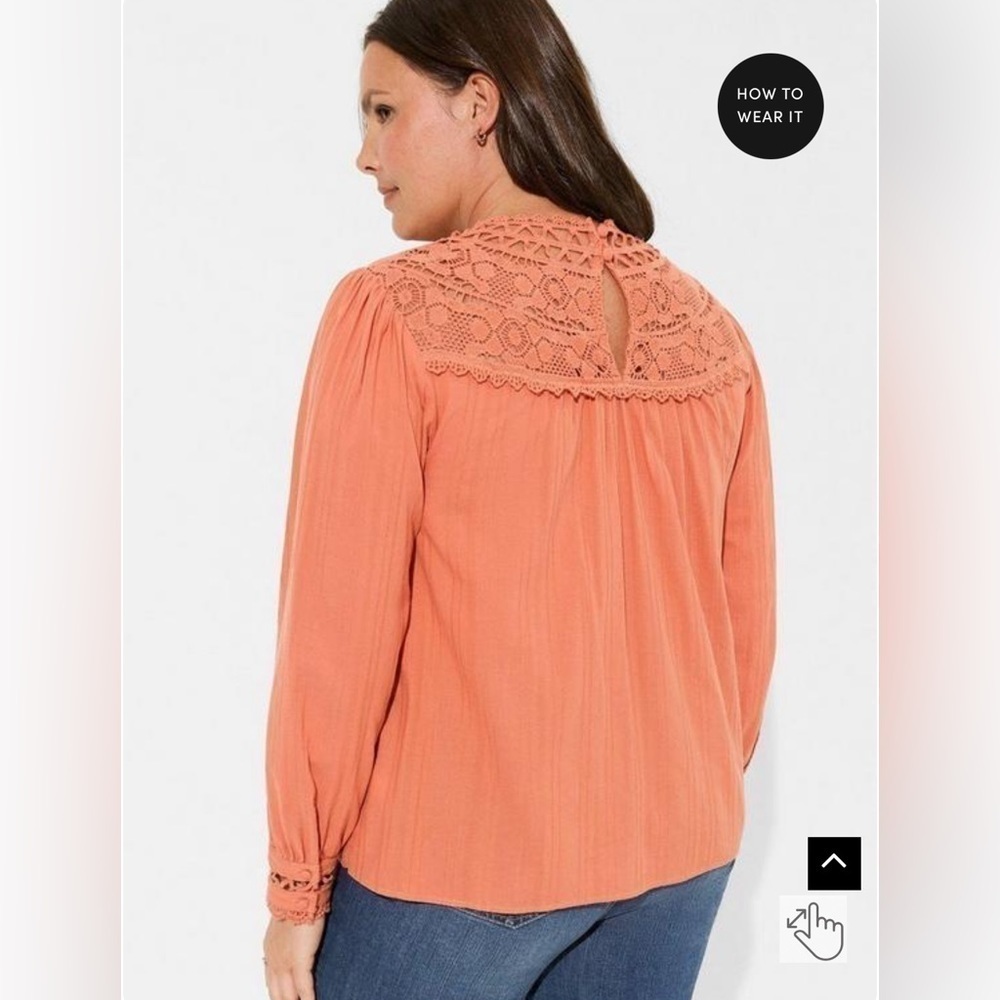 Cotton Lace Trim Yoke Blouson Sleeve Top - Apricot Brandy Orange Size 1 - Picture 5 of 6